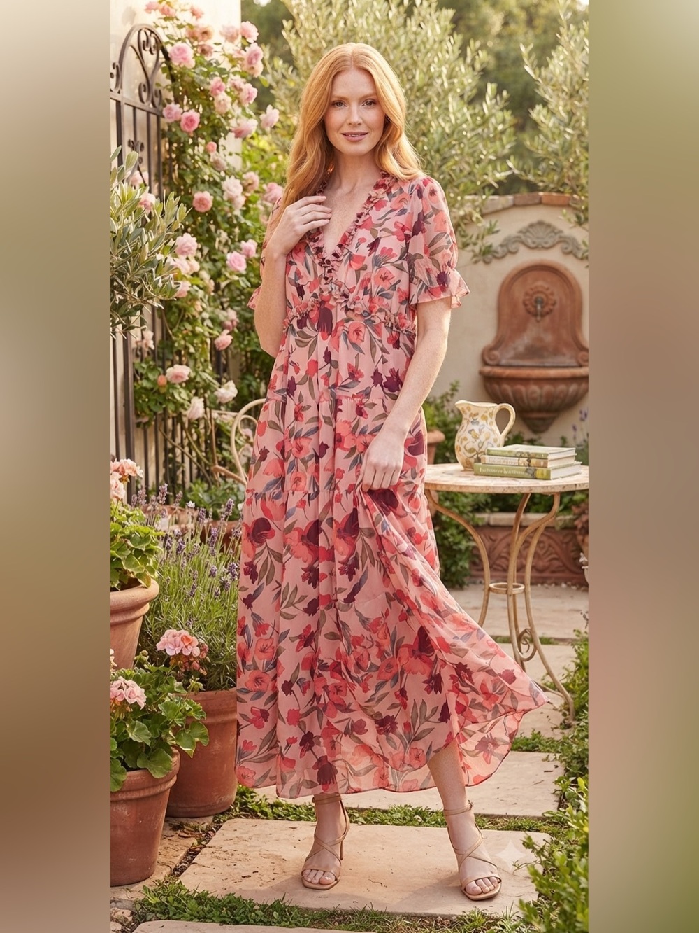 Floral Ruffle V-Neck Maxi Dress in Blush Peach